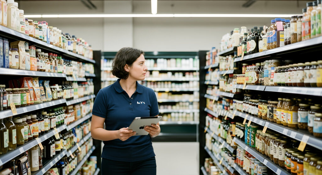 Employee checking inventory in grocery aisle
