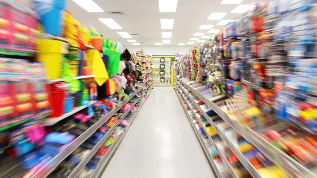 Colorful aisle of a discount store