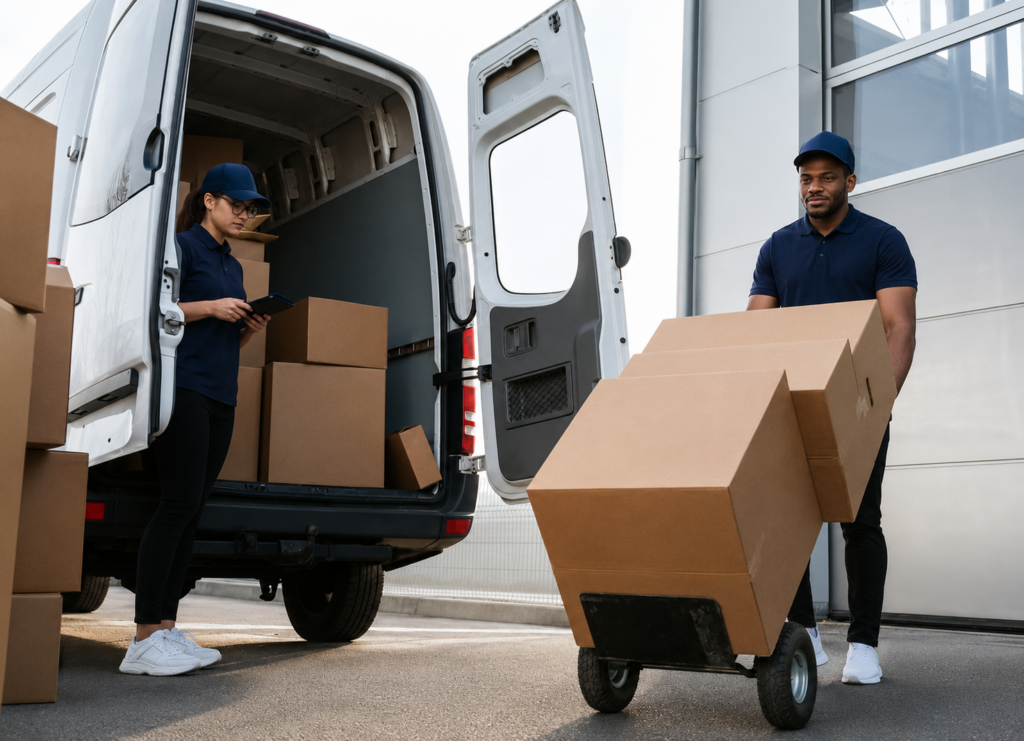 Two people loading boxes into van